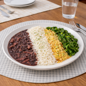 Feijoada light, arroz branco, couve-manteiga refogada e farofa do Daniel