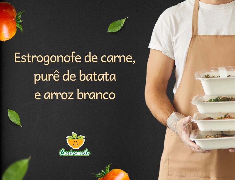 Estrogonofe de carne, purê de batata e arroz branco