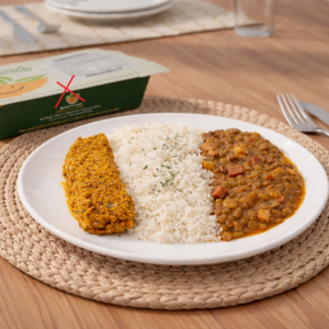 Kibe de abóbora com queijos, lentilha do chefe e arroz branco