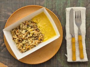 Baião de dois Fit com purê de mandioquinha