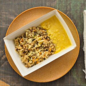 Baião de dois Fit com purê de mandioquinha
