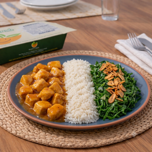 Cubos de frango ao molho laranja e mel, arroz branco e couve-manteiga finalizada com alho crocante