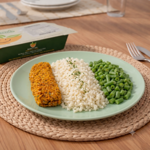 Kibe de abóbora com queijos, arroz de couve-flor e vagem salteada